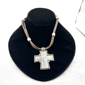 Cross Necklace Premier Designs Cheyenne Brown Leather Cord Silver Plated